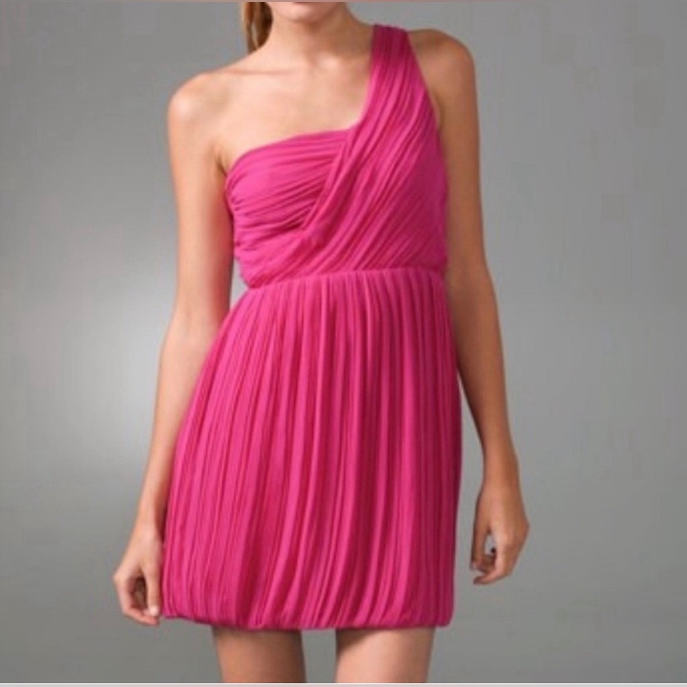 Theory Taliana Georgette Dress Rubellite Pink One Shoulder Bubble Hem Women’s 8